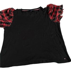 Large Tommy Hilfiger Women's Mixed Media Ruffle-Sleeve Top- sheer plaid sleeve